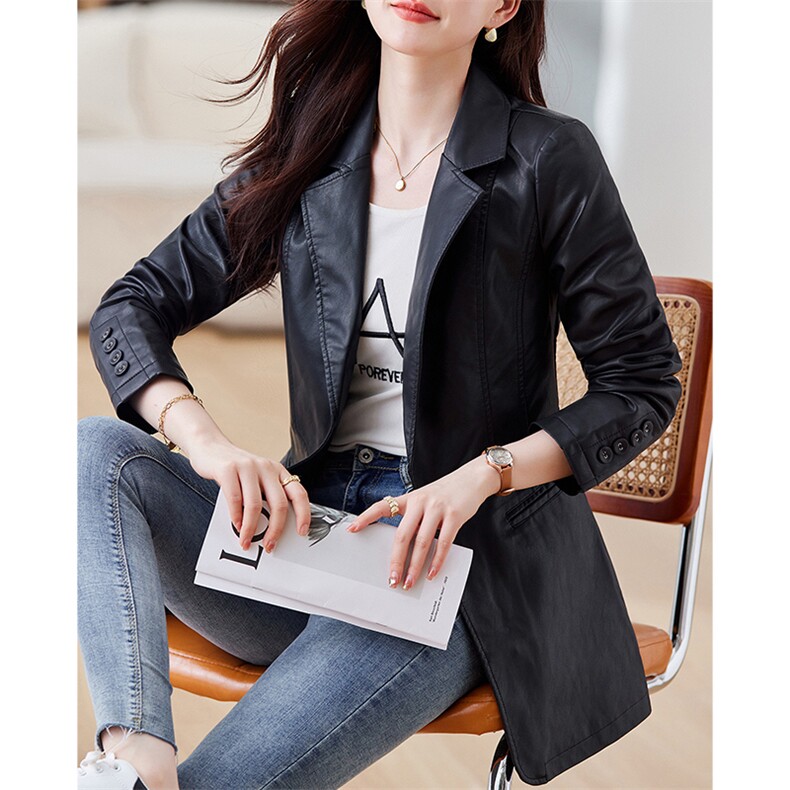 皮衣女2023年新款春秋款修身休闲西装外套收腰pu中长款西服皮夹克,女装皮衣,江南女神