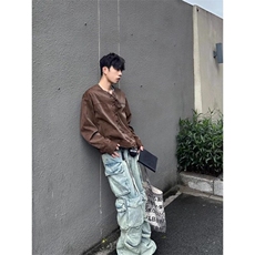 棕色抽绳对襟皮衣外套高级感痞帅小众设计机车夹克JK344特P75，男装夹克，星座908-1