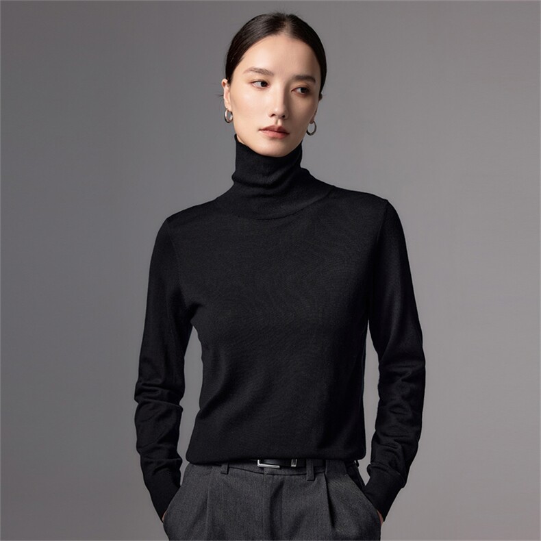 极简风高领精纺羊毛衫女薄款修身打底衫2025新款法式高端针织毛衣,女装羊毛衫,蚂蚁派对工厂直营店