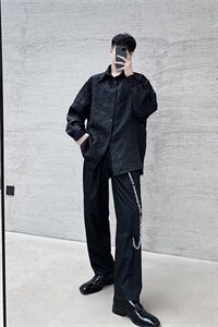 山本暗黑风黑白两色极简风格衬衫小众设计压花长袖A452--H23图片