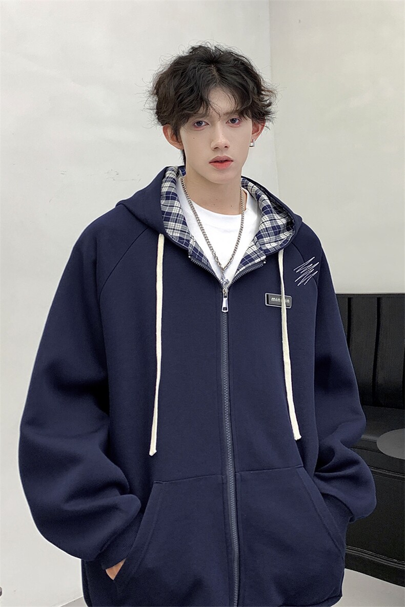 港风2026秋装新款连帽开衫卫衣潮流秋季男装格子拼接外套S339-P78,女装短外套,电商A233-1