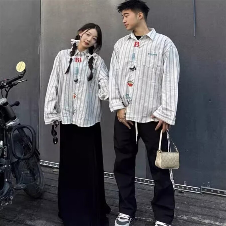 1506/QJ080/P46情侣文艺感刺绣长袖衬衫男女春秋季宽松百搭衬衣,男装衬衫,星座1506
