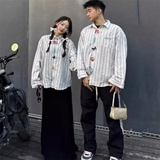 1506/QJ080/P46情侣文艺感刺绣长袖衬衫男女春秋季宽松百搭衬衣，男装衬衫，星座1506