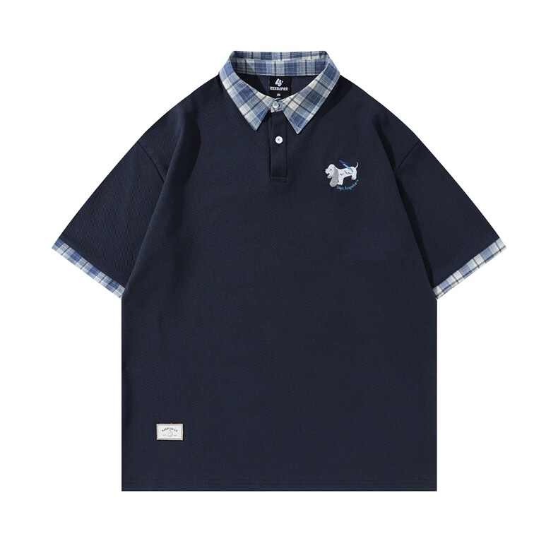 Polo衫短袖T恤男女夏潮流复古学院风格子拼接小狗刺绣T819P65,男装Polo衫,星座201-2