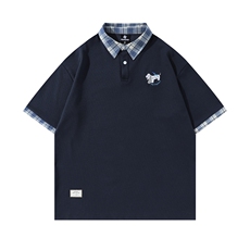 Polo衫短袖T恤男女夏潮流复古学院风格子拼接小狗刺绣T819P65，男装Polo衫，星座201-2
