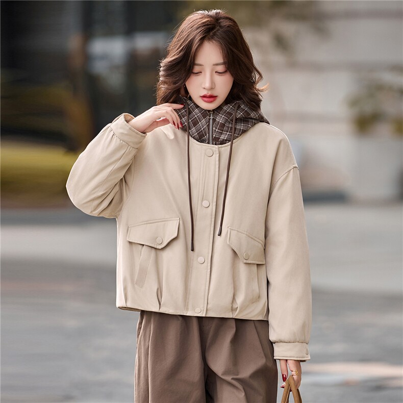 复古格纹拼接连帽加绒保暖外套女2025秋冬新款宽松时尚派克服棉服,女装短外套,英标秀（1C119）