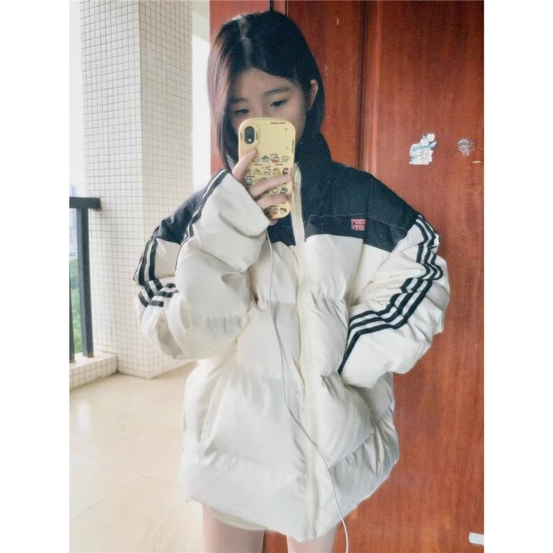 美式高街条纹拼接立领羽绒棉服女冬季oversize小个子学生棉衣外套,男装棉衣,星座506A