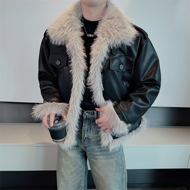 冬季网红高级感韩系加棉毛领潮牌皮毛一体棉衣男毛毛皮衣M135P175，男装皮衣，电商B267
