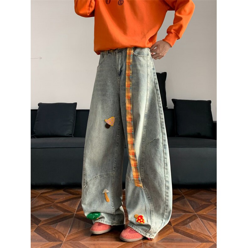 美式复古卡通毛巾刺绣牛仔裤男女设计感宽松裤春秋NK6-P55配腰带，男装牛仔裤，星座308B-2