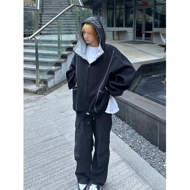 潮牌美式重磅400g连帽拉链开衫外套明辑线廓形刺绣连帽卫衣情侣,女装短外套,星座1506