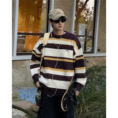 M213-P45男装搭配日系复古字母刺绣条纹圆领毛衣男抽绳束脚裤，男装针织衫/毛衣，电商B323A