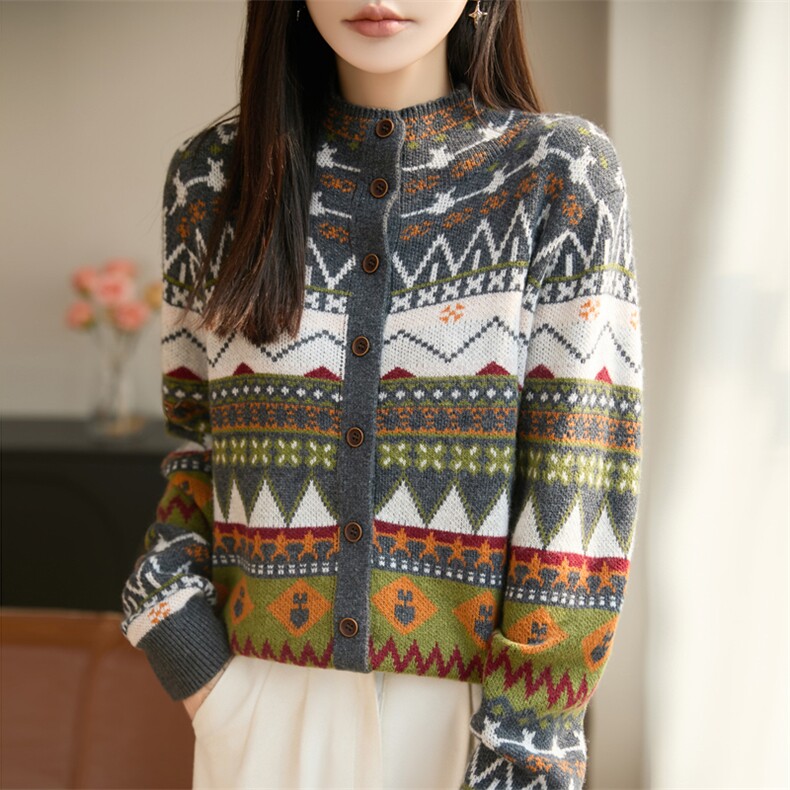 2025年秋季时尚百搭通勤简约休闲提花开衫，女装针织衫/毛衣，源达羊绒