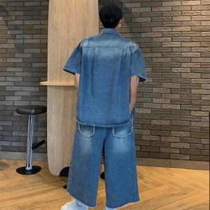 2025夏季新款无性别男女垫肩休闲牛仔衬衫套装 TZ1013图片