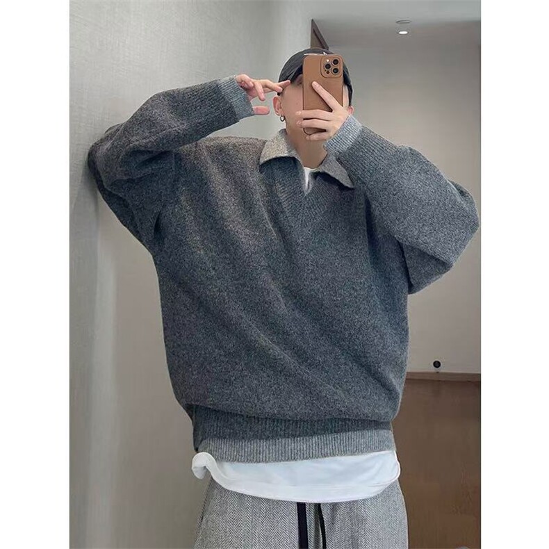 1014-1-KF5012-P68-美式复古假两件v领毛衣男款冬季翻领老钱风,男装针织衫/毛衣,星座1014-1