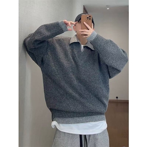 1014-1-KF5012-P68-美式复古假两件v领毛衣男款冬季翻领老钱风图片