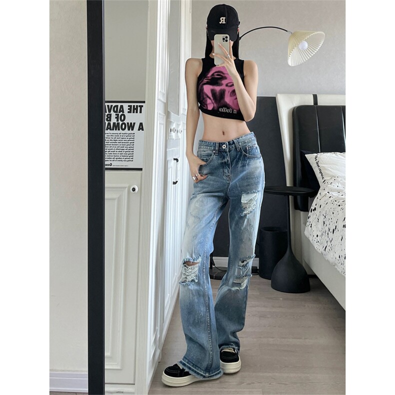 网图有货夏季美式复古水洗蓝色微喇破洞宽松牛仔裤男女A645-P45,男装牛仔裤,星座1505