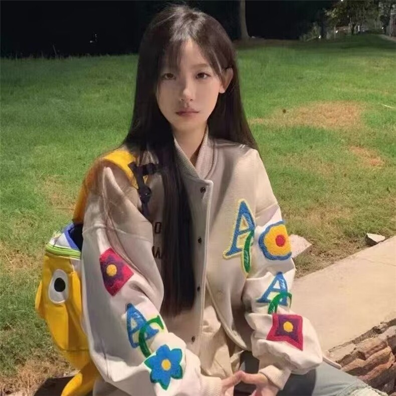 1506-1/JA221/P77美式碎花毛巾绣植绒夹克杏色单排扣棒球服男女,男装夹克,星座1506-1