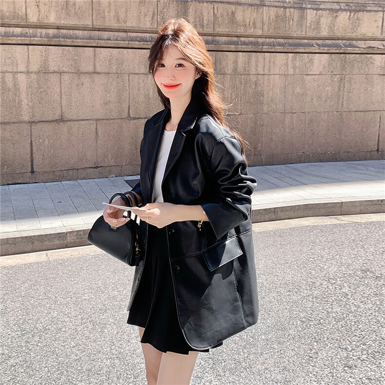 减龄机车服黑色西装皮衣外套女春秋2025新款百搭流行爆款PU皮夹克,女装西装,2C012