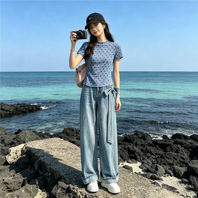 女夏季新款时尚休闲套装蓝色波点上衣烫钻阔腿牛仔长裤两件套显瘦图片