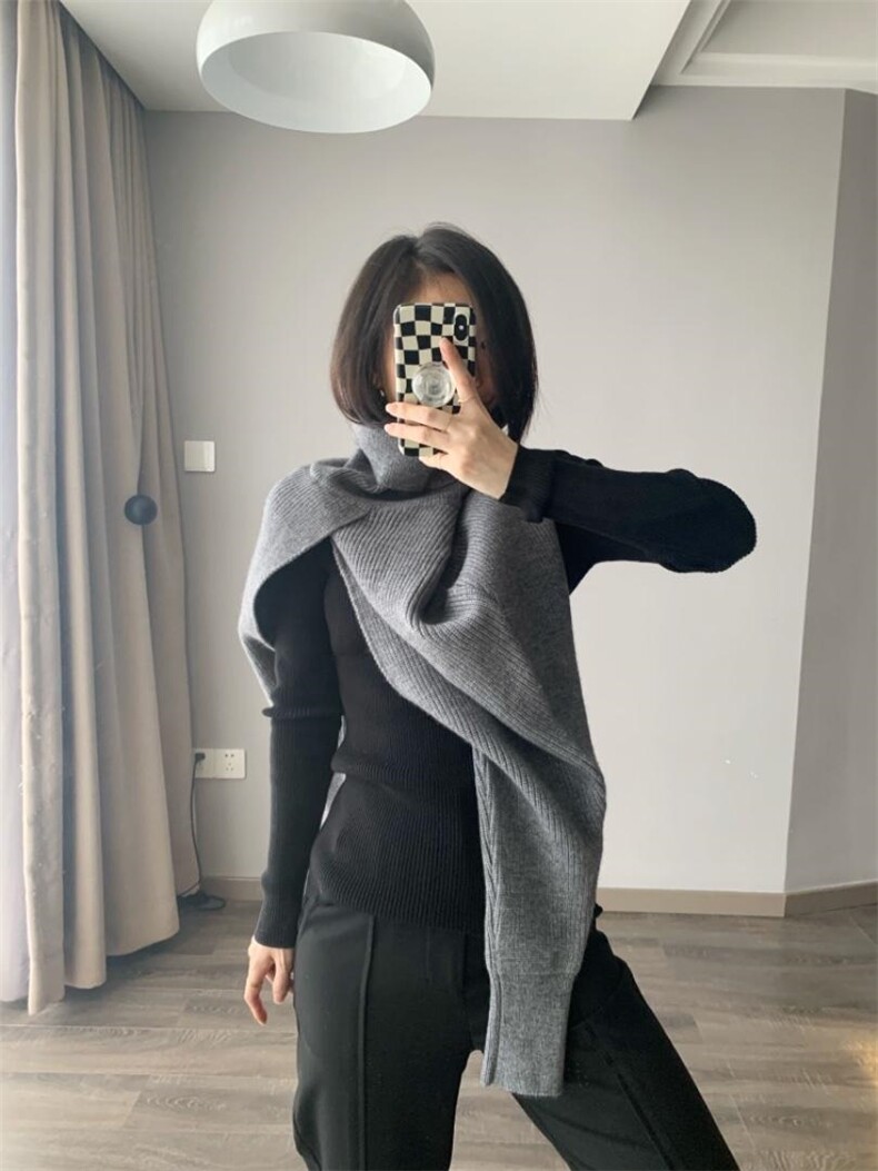 交叉高领斗篷毛衣，女装针织衫/毛衣，CHOCOLATE