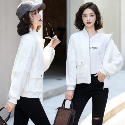 白色夹克短外套女2023春秋新款宽松休闲洋气百搭工装卫衣开衫上衣,女装短外套,辉之琳