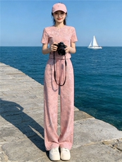 女夏季欧货潮流时尚运动休闲套装粉色扎染短袖上衣阔腿长裤两件套，女装套装/套裙，江南