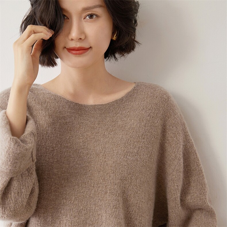 2024秋季圆领毛衣女内搭简约气质长袖宽松35%羊绒衫,女装羊绒衫,雪山红莲