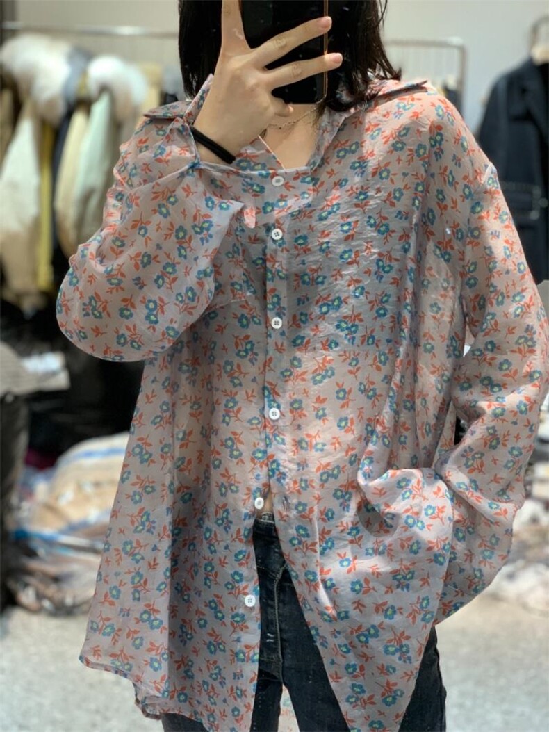 春季新款韩版港风复古长袖衬衫潮ins日系宽松扎染外套,女装衬衫,L·H·X