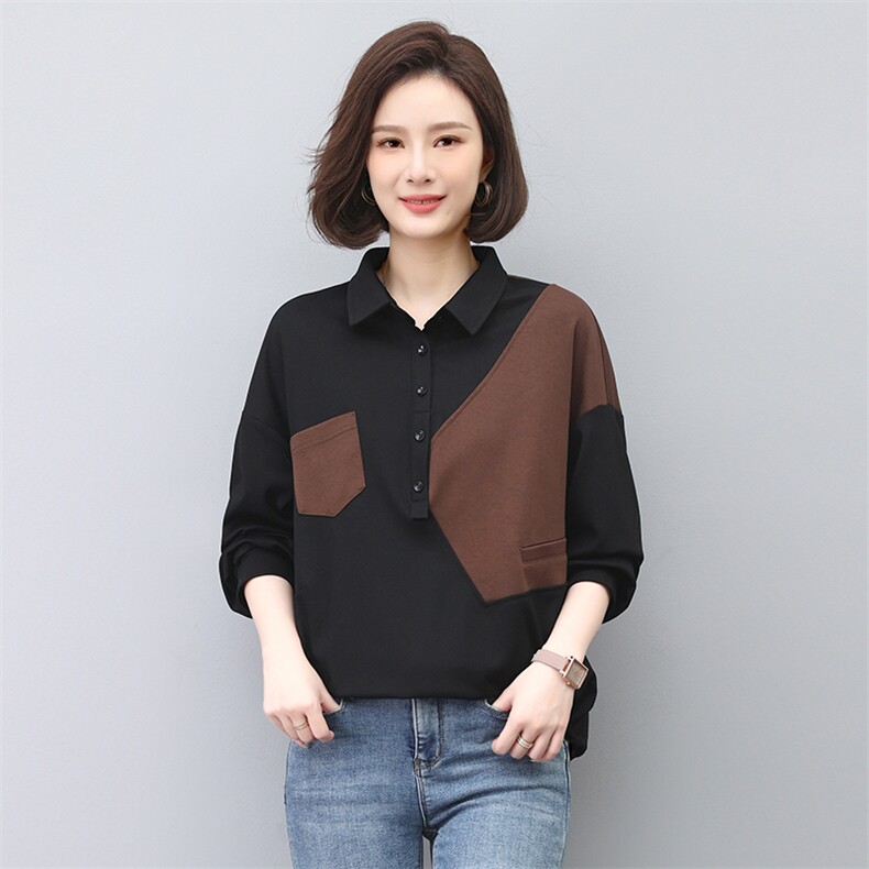 2023年春季POLO长袖宽松型拼接卫衣T恤，女装T恤，依倍林