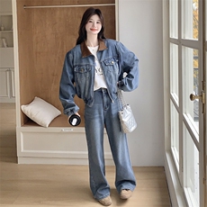 现货：新款春装韩版潮流牛仔上衣两件套阔腿裤2C135-6866P175K258，女装套装/套裙，2C135
