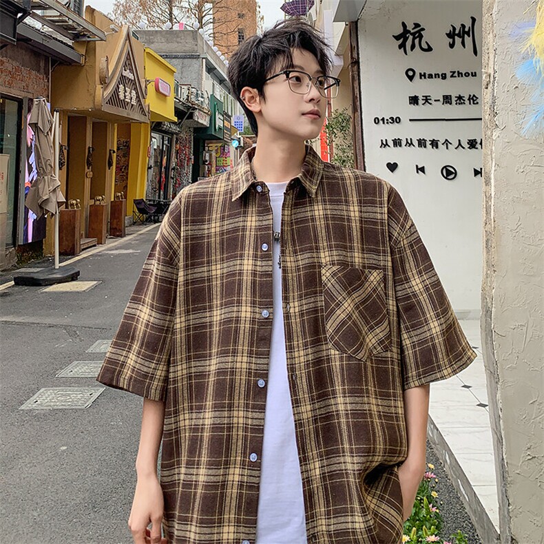 短袖衬衫男夏季新款磨毛格子衬衣DX711-特批25无差价,男装衬衫,星座214-3