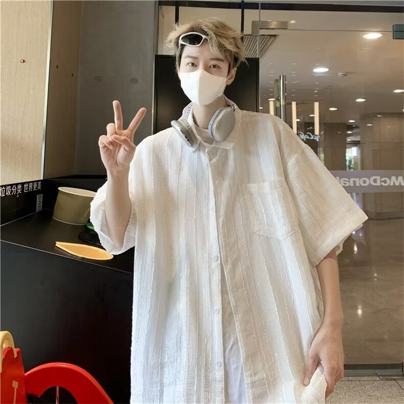 衬衫男装个性慵懒风冰丝提花衬衣2023夏季潮流半袖上衣CS1256-P36,男装衬衫,星座308B-1