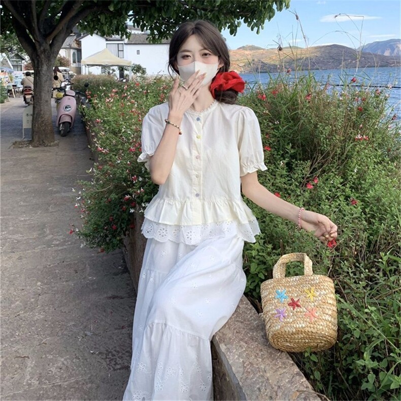 两件套装甜美学院风蕾丝拼接圆领泡泡袖衬衫搭配高腰松紧半身长裙,男装衬衫,星座506A