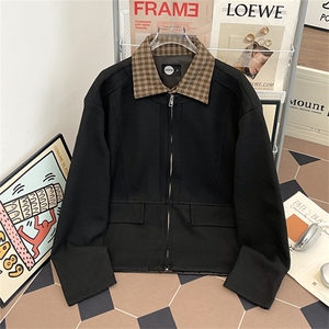 得物高品质秋款男假两件夹克衫格子条纹撞色宽松外套JAK16 P85图片