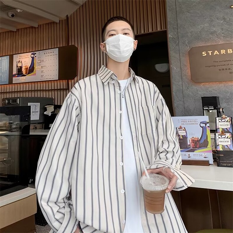 条纹长袖衬衫男夏季新款日系复古潮流青少年P36,男装衬衫,星座1116-2