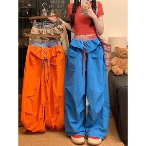 橘色美式冰丝速干双腰工装裤爵士舞尊巴街舞裤子夏季防晒降落伞裤图片
