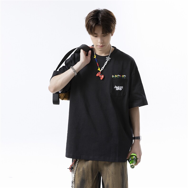 现货1014-TX811~P48美式刺绣短袖T恤男夏季高街口袋设计上衣,男装T恤,星座1014
