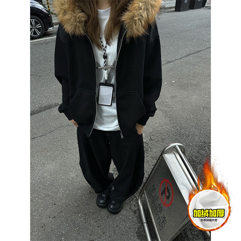 480G重磅加绒硬挺boxy秋冬美式高街超大毛领座山雕连帽卫衣厚外套，女装短外套，电商A486-1