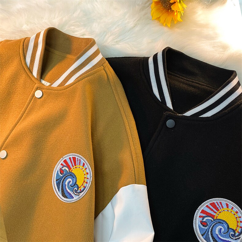 EQ90刺绣贴标拼色呢料外套男女学院风棒球服夹克情侣装P118，女装短外套，电商C306-1