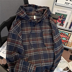 美式复古格子连帽衬衫男潮设计感宽松休闲长袖格纹衬衣B007/P59，男装衬衫，星座506B