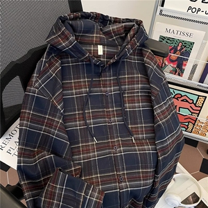 美式复古格子连帽衬衫男潮设计感宽松休闲长袖格纹衬衣B007/P59图片