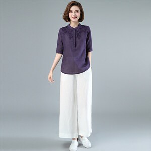 2022夏装新款棉麻刺绣短袖上衣休闲阔腿裤两件套套装，女装大码女装，木子恋