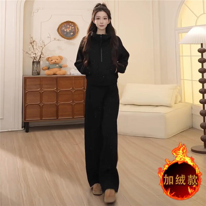 韩系简约运动套装女秋冬新款双口袋拉链开衫连帽卫衣直筒裤两件套,女装套装/套裙,江南
