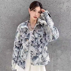 春秋破坏老花刺绣牛仔衣潮流男女情侣青花瓷花卉提花长袖外套，男装夹克，星座506A