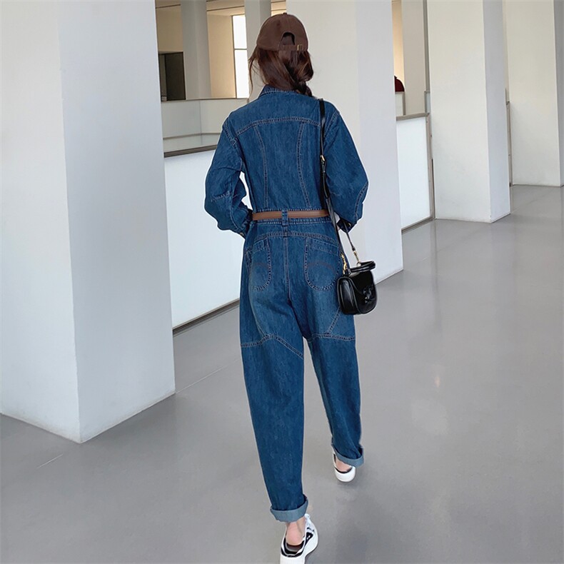 美式水洗复古连体裤女2025秋季新款时尚遮肉显瘦长袖牛仔连体长裤,女装连体裤,点滴