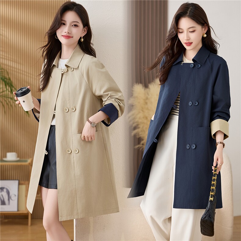 松弛感秋季简约撞色袖子洋气宽松版休闲纯色气质中长风衣通勤外套，女装风衣，姿衣坊