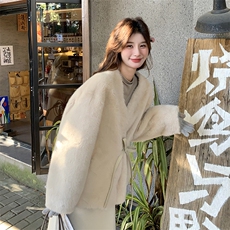 韩系小香风收腰环保皮草外套女秋冬2025新款仿兔毛棉服皮毛一体，女装短外套，2C262