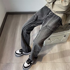 美式高街牛仔裤男拼接个性帅2023秋冬新款ins修身长裤RK1027-P47，男装牛仔裤，星座412-3