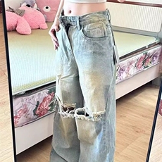 破洞牛仔裤2025新款春夏款美式复古水洗做旧直筒阔腿宽松脏脏裤，男装牛仔裤，星座601-1