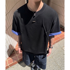美式格子翻边设计感短袖双层撞色圆领T恤衫男D425特P35，男装T恤，电商A335-1（原A458）